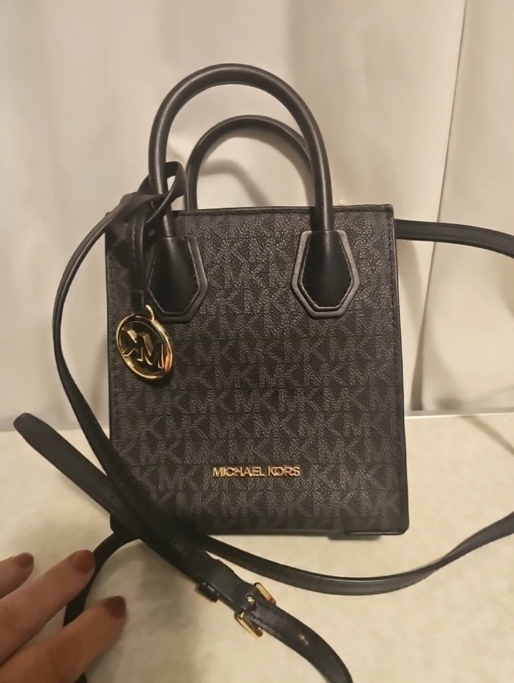 New Michael Kors Black Logo Mini Purse Crossbody Satchel with Gold Hardware